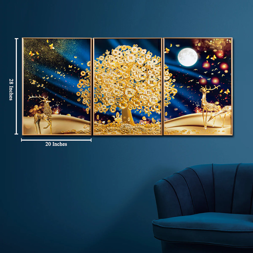Three-panel artwork with deer and tree design on a blue wall, with measurements