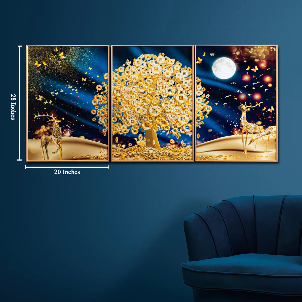 Three-panel artwork with deer and tree design on a blue wall, with measurements
