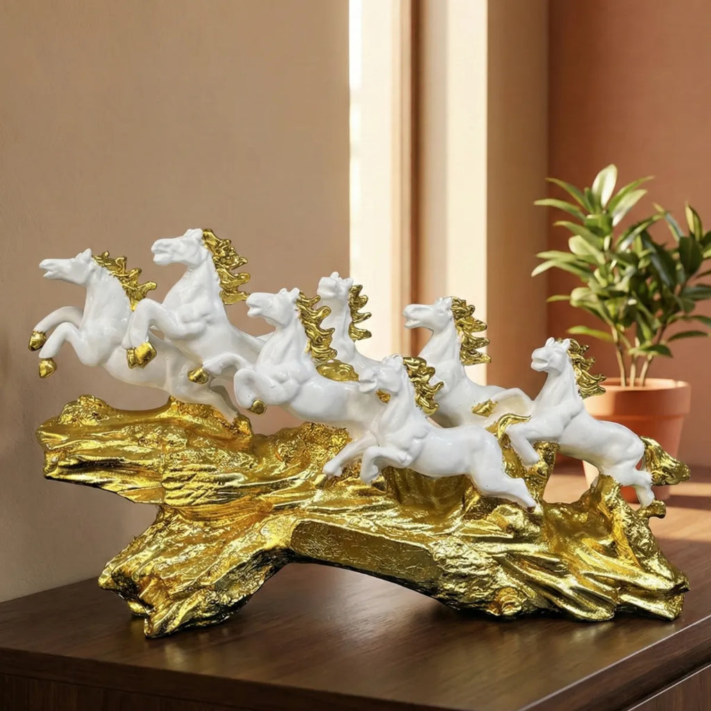 White horse sculpture showpiece with gold detailing for luxury tabletop decor