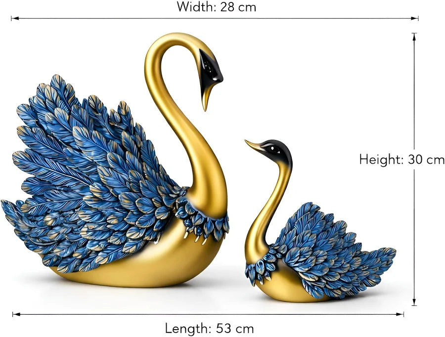 Two swan statues with measurements on a white background