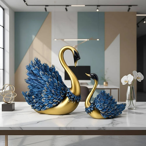 Decorative swan pair showpiece with blue feather detailing and gold finish for tabletop decor