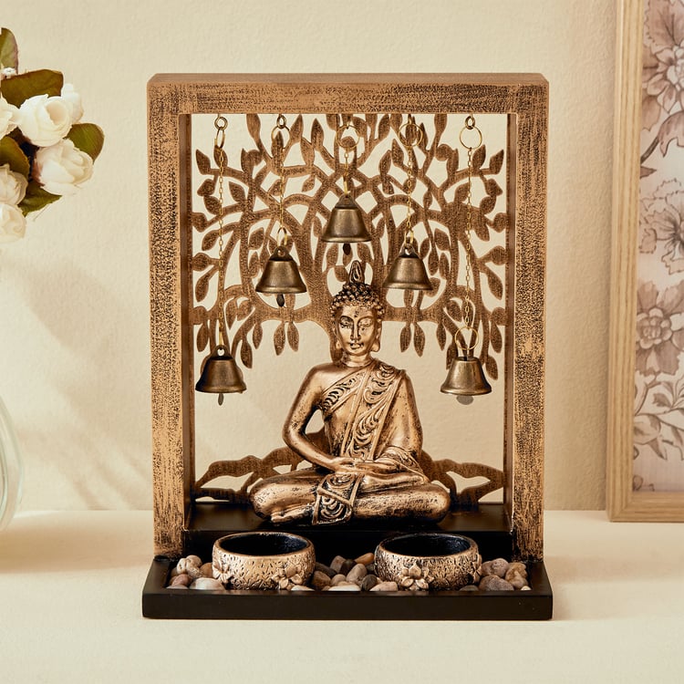 Buddha tabletop decor with hanging bells and artistic frame design for home interiors