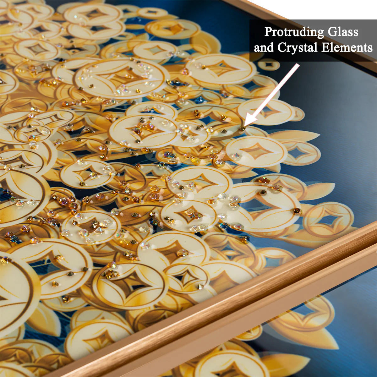Decorative surface with gold and white circular elements and protruding glass, on a blue background.