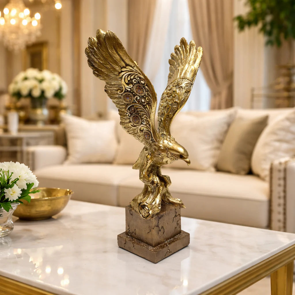 Golden eagle decorative sculpture with detailed wing design for tabletop decor