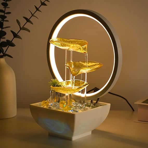 Golden leaf tabletop water fountain with LED ring light for modern home decor