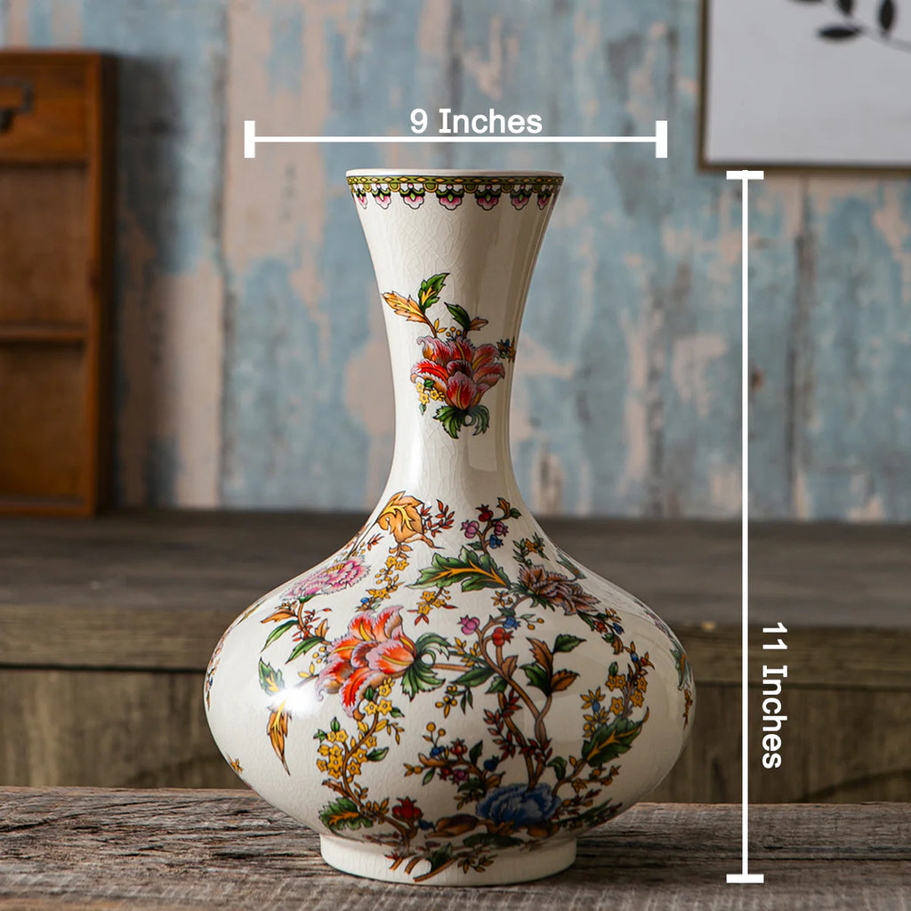 Decorative vase with floral patterns and measurements on a wooden surface.