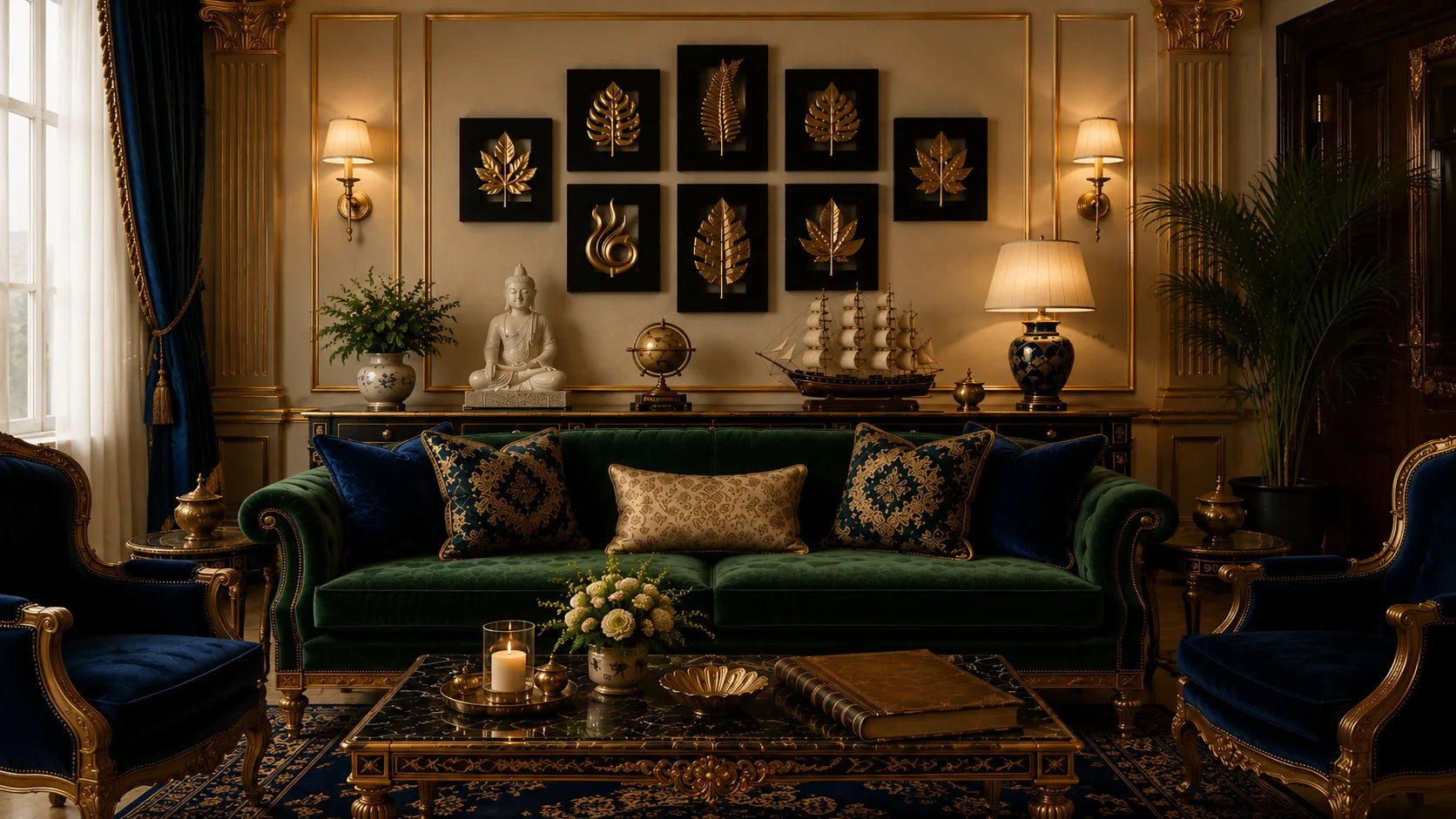 Luxurious living room with green velvet sofa, ornate decor, and classical furniture.