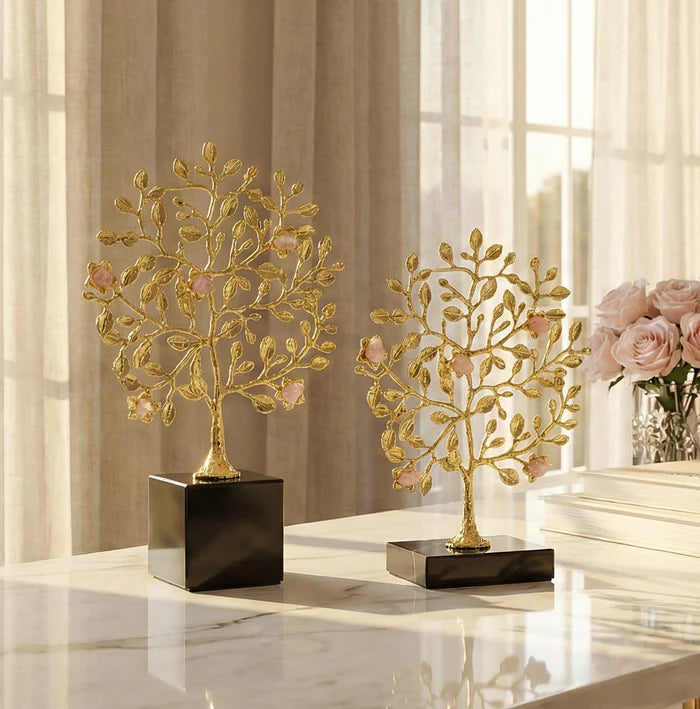 Luxury crystal tree showpiece with gold branches and marble base for modern home decor