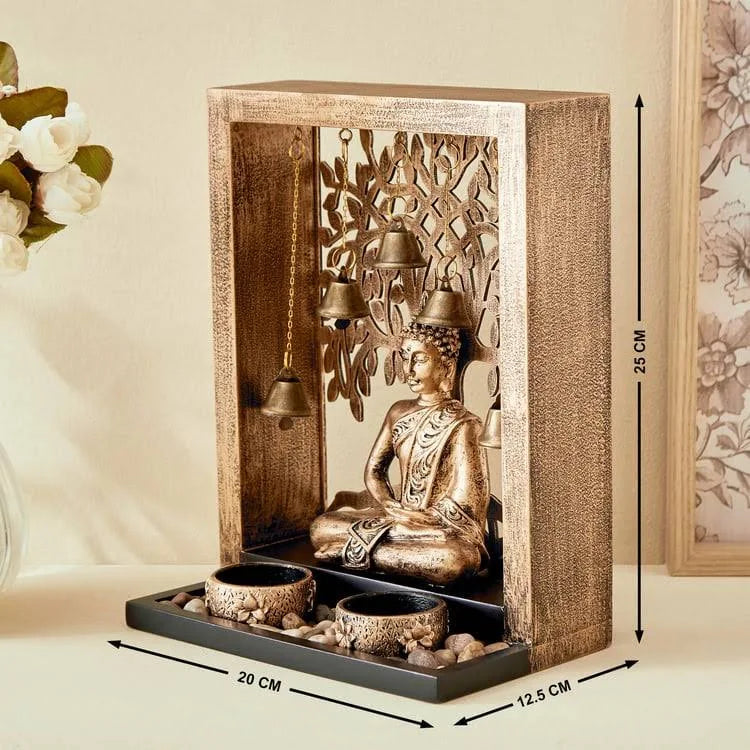 Decorative Buddha statue in a wooden box with measurements indicated