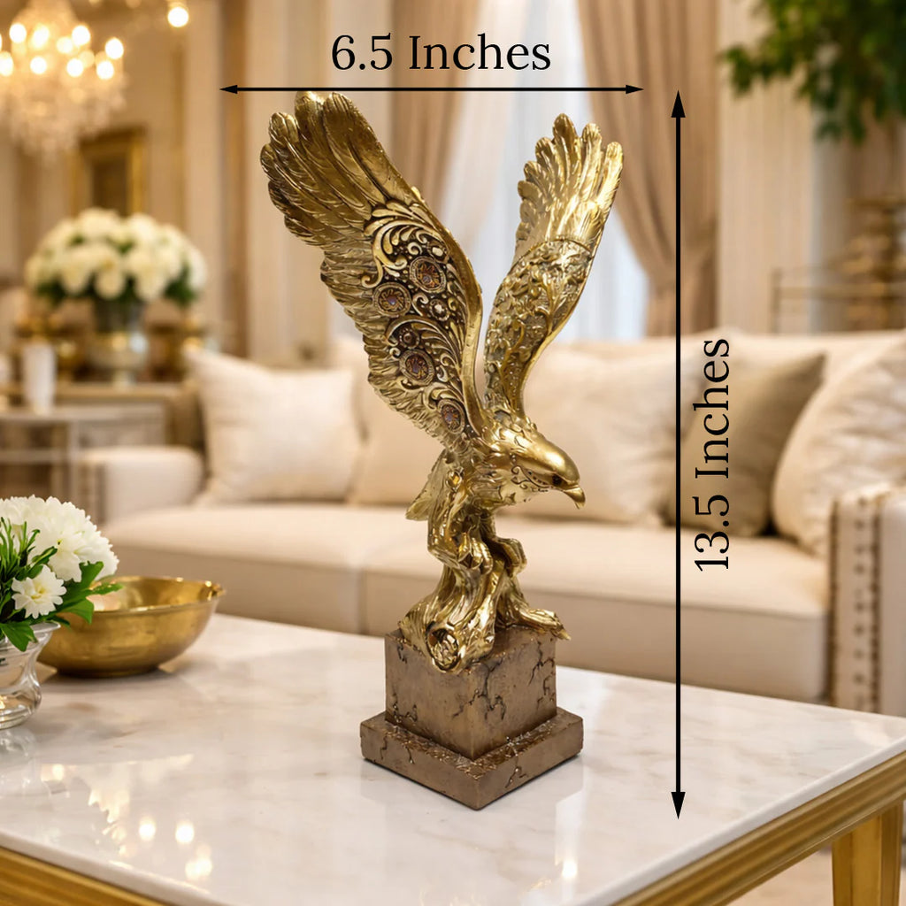 Gold eagle statue on a marble table with measurements indicated
