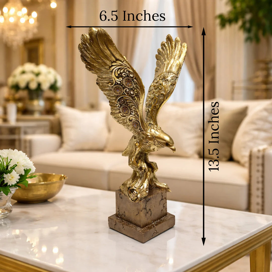 Gold eagle statue on a marble table with measurements indicated