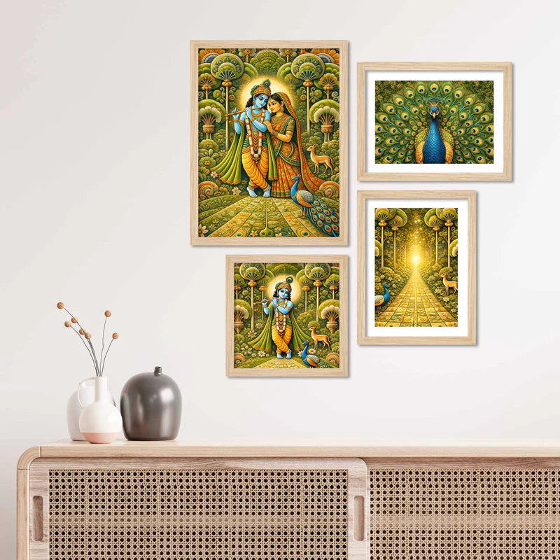Set of four framed artworks on a wall with a decorative console table below.