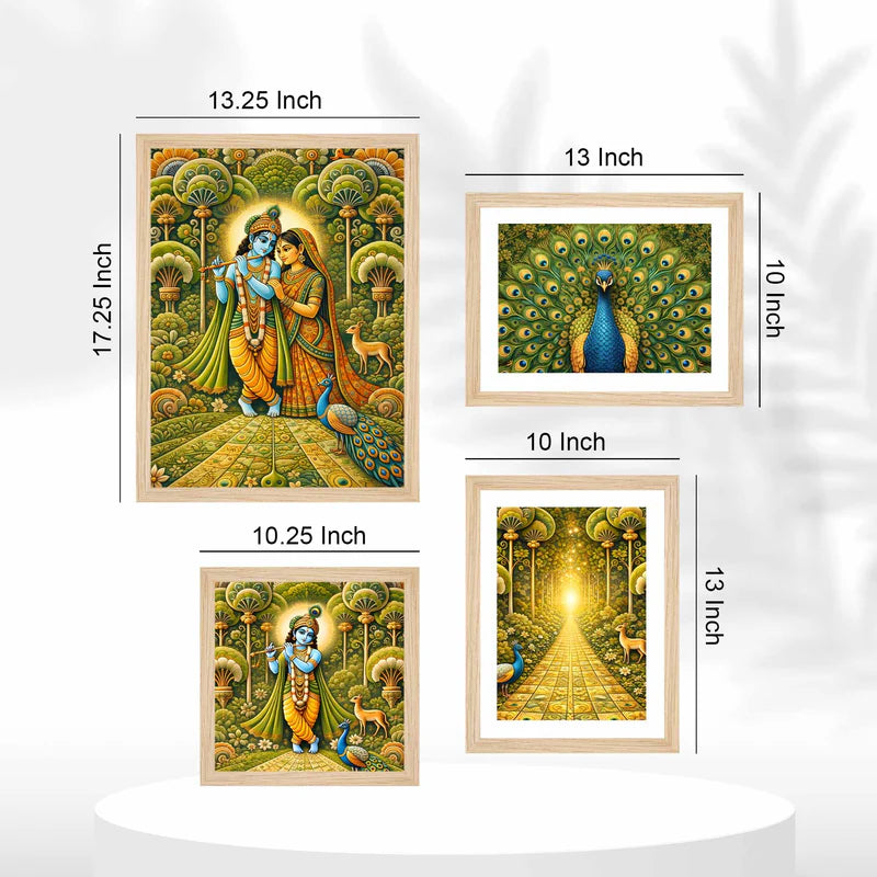 Set of four framed artworks with dimensions displayed on a white background