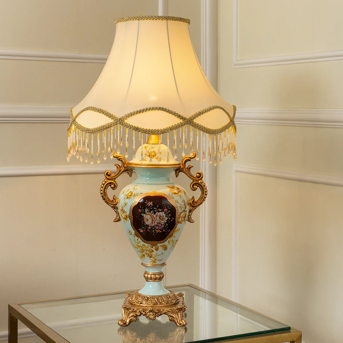 Vintage floral table lamp with decorative gold detailing for elegant home lighting