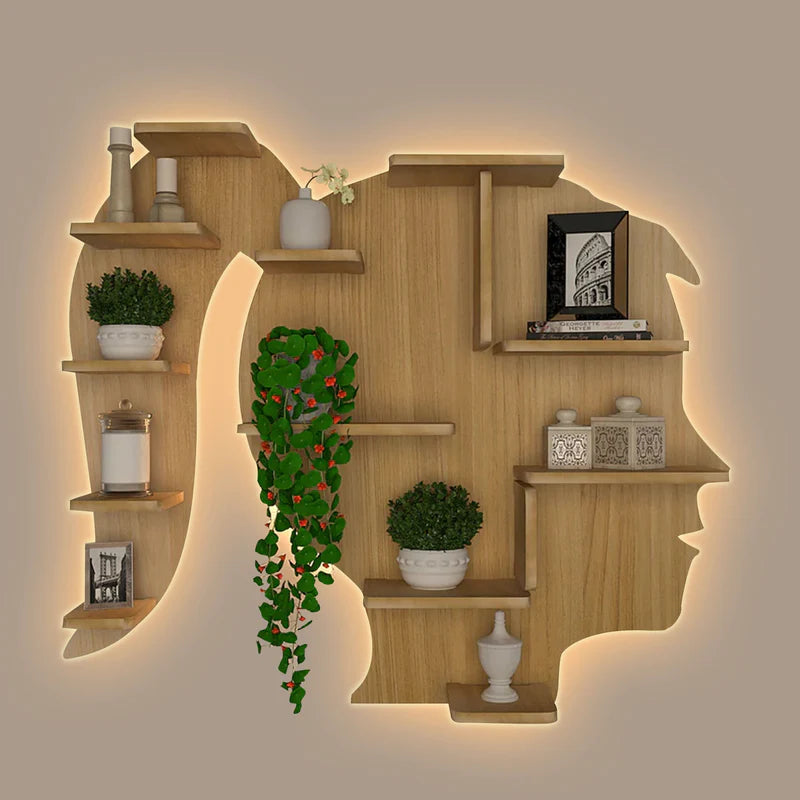 Designer wooden wall shelf with LED lighting and decorative display shelves for modern interiors