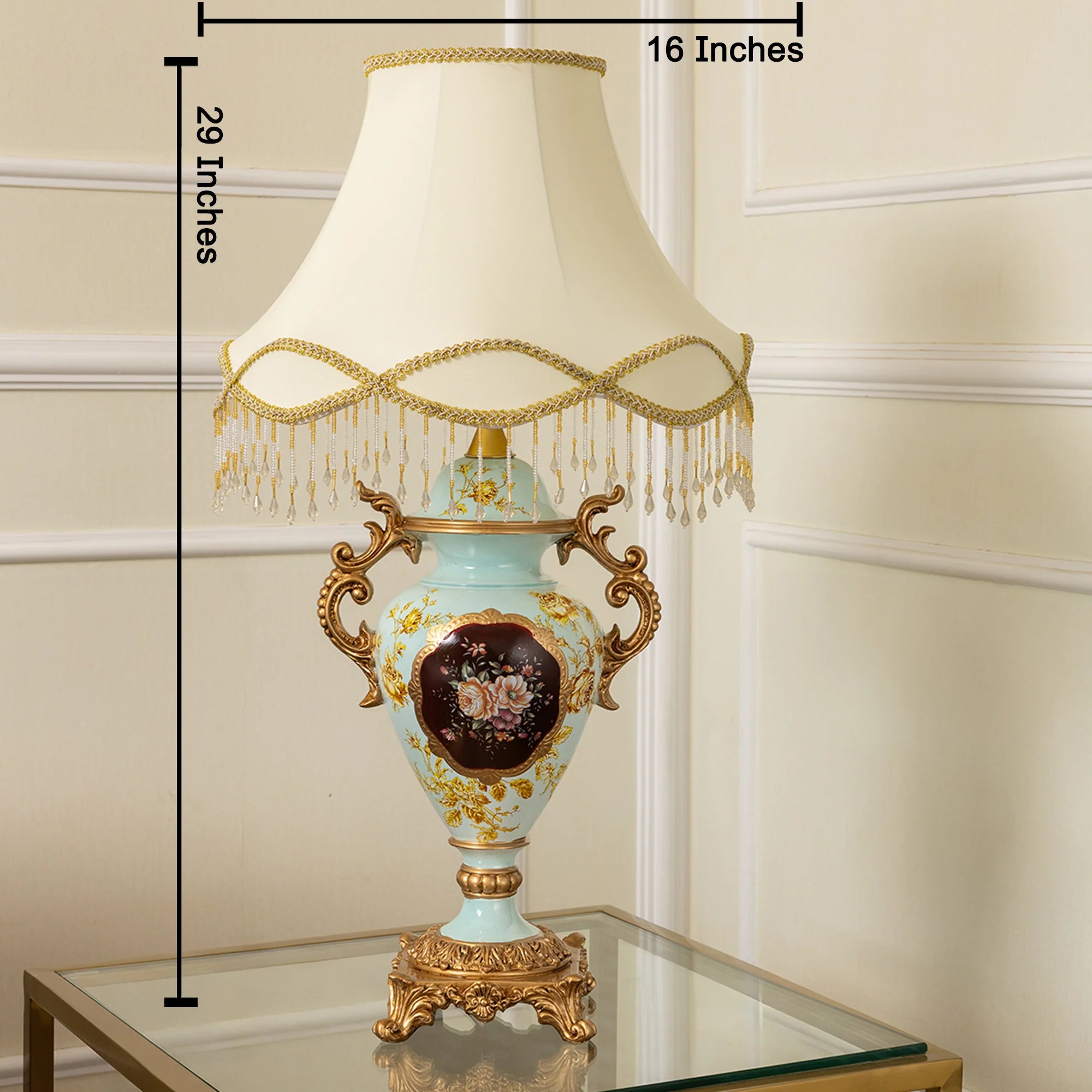 Decorative table lamp with measurements on a plain background