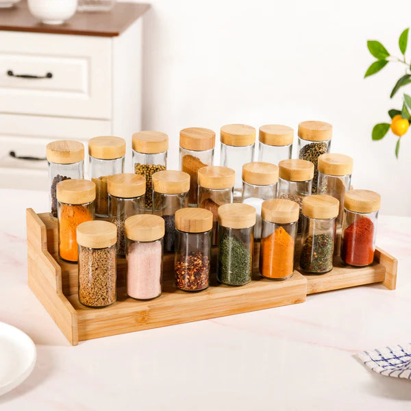Glass spice jar set with wooden lids and storage stand for modern kitchen 