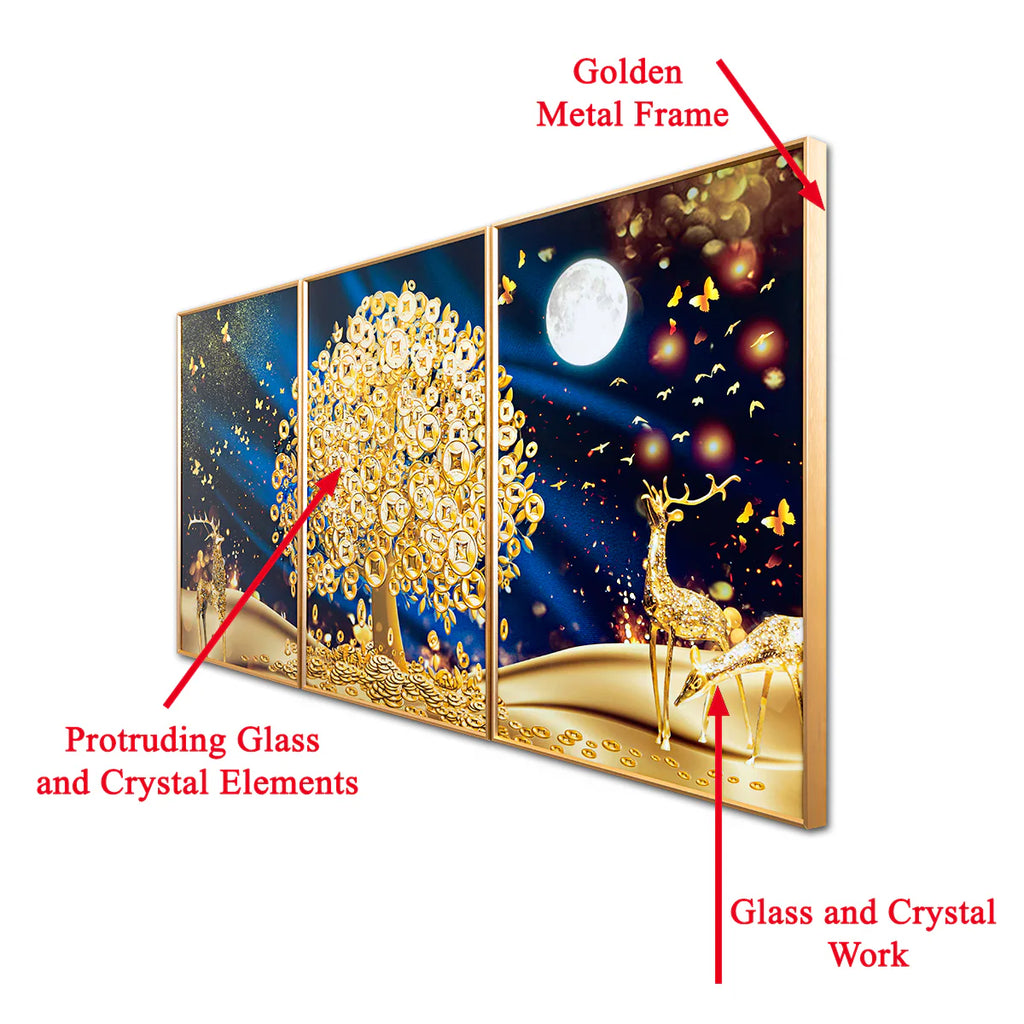 Decorative wall art with gold tree, deer, and crystal elements on a white background