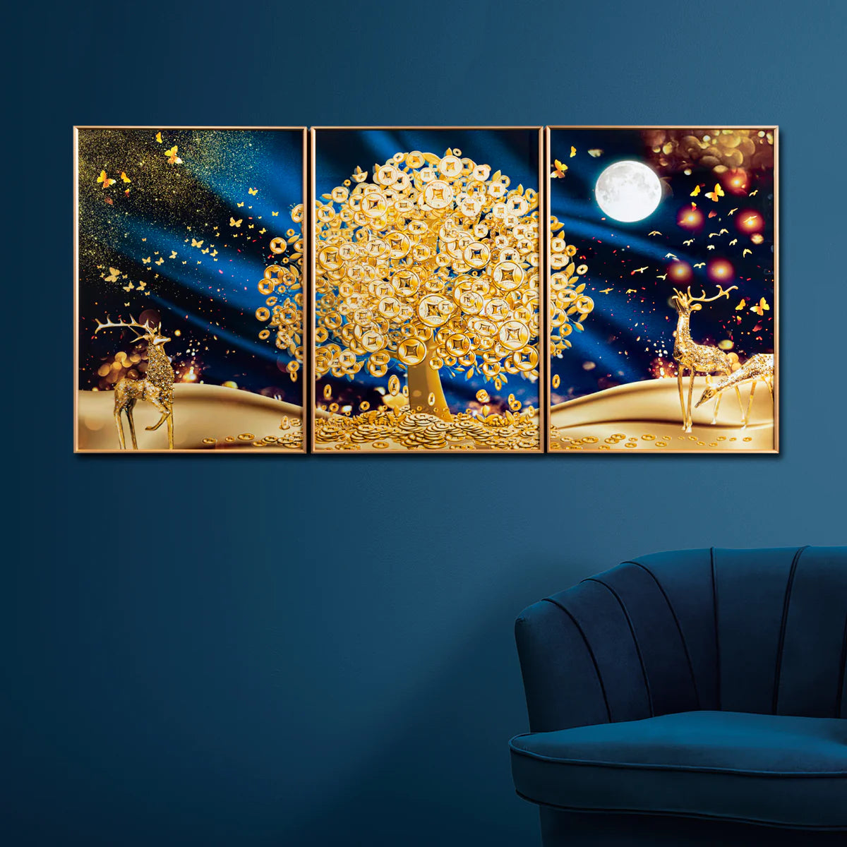 Golden tree and deer 3-piece wall art set for modern home decor