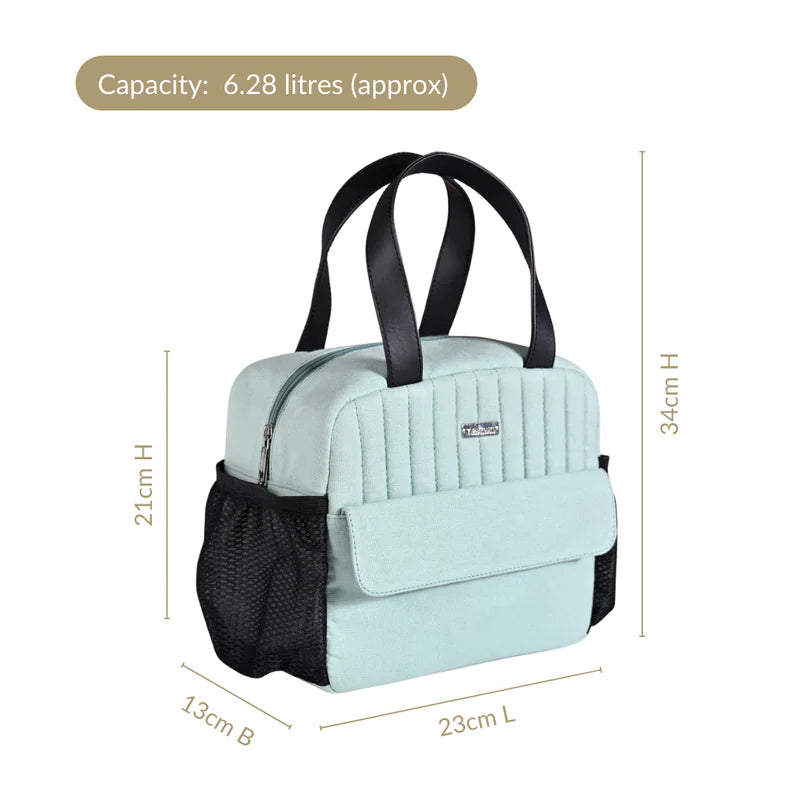 Light blue lunch bag with black accents and measurements on a white background