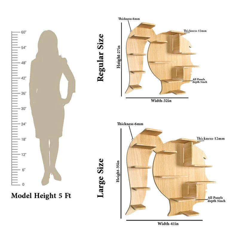 Wooden shelf dimensions shown with a 5-foot model for scale.