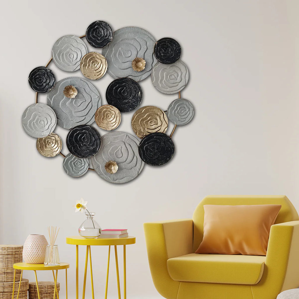 Modern circular metal wall art with textured geometric detailing for contemporary interiors