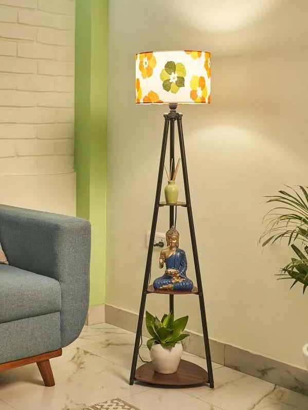 Modern wooden floor lamp with shelves and fabric shade for contemporary interiors