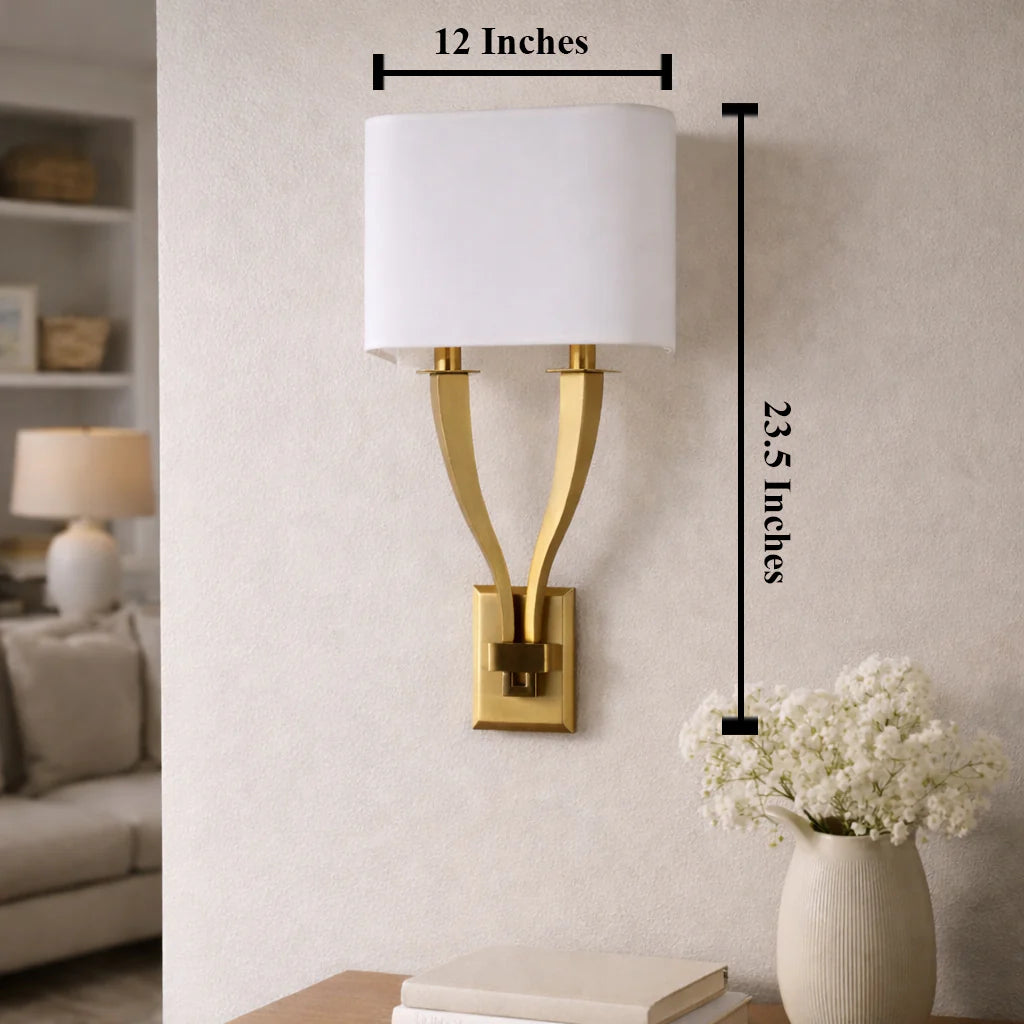 Wall sconce with measurements in a living room setting