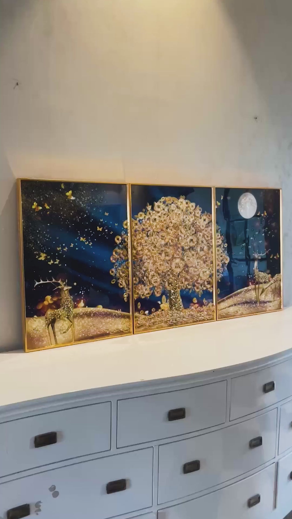 Golden Money Tree Triptych — Crystal Porcelain Wall Painting