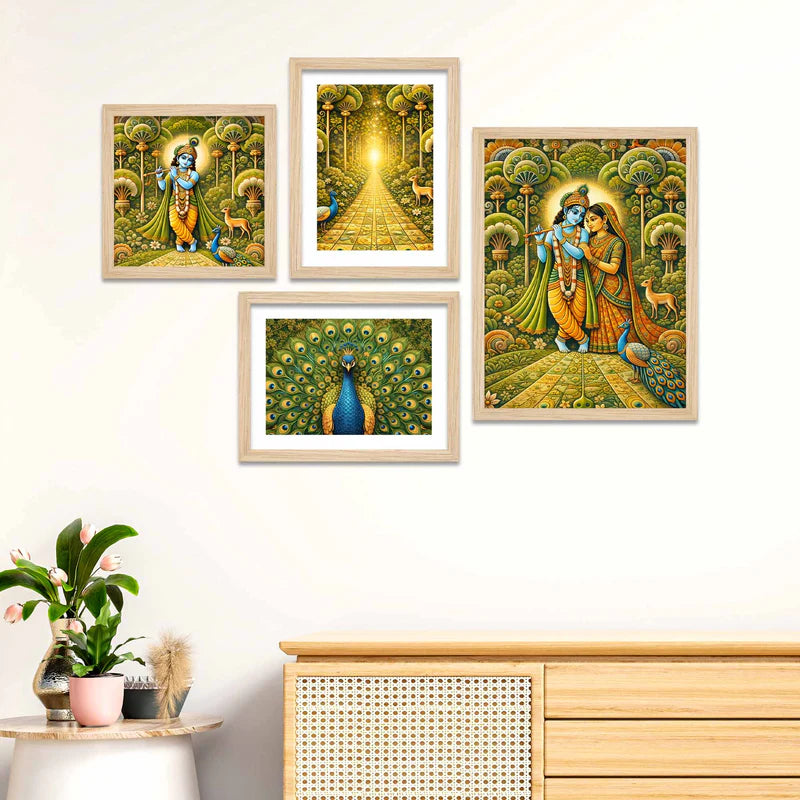 Radha Krishna spiritual wall art set with framed traditional artwork for home decor
