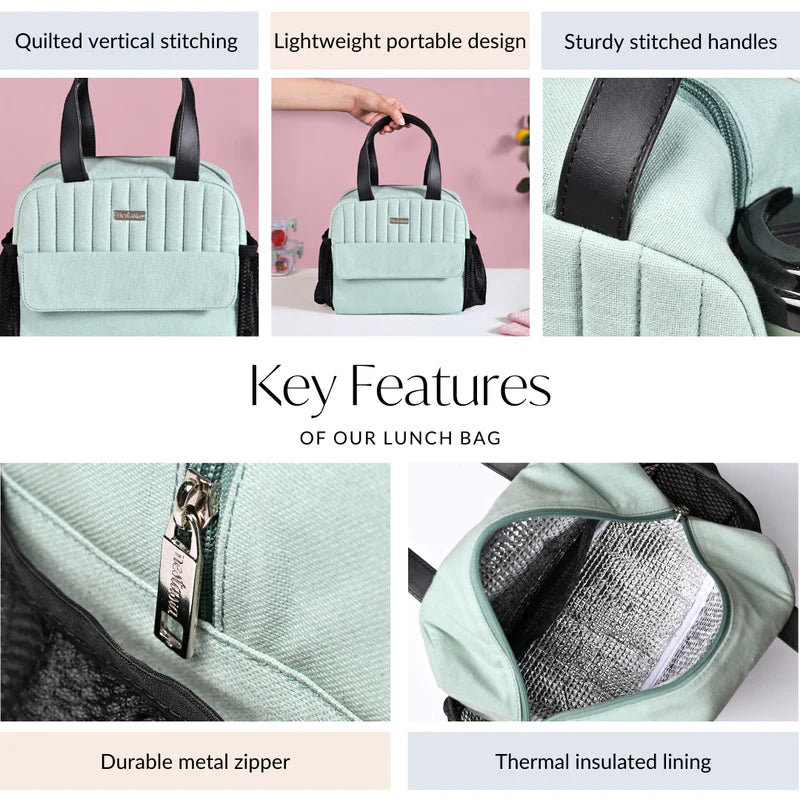 Mint green lunch bag with features highlighted on a pink background